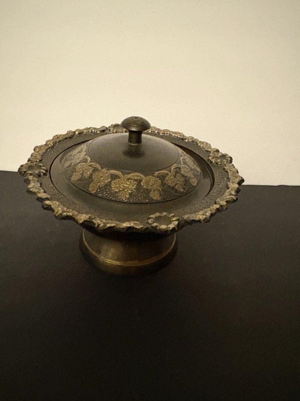 Vintage Black and Gold Enameled Embossed Brass Covered Tooted Dish